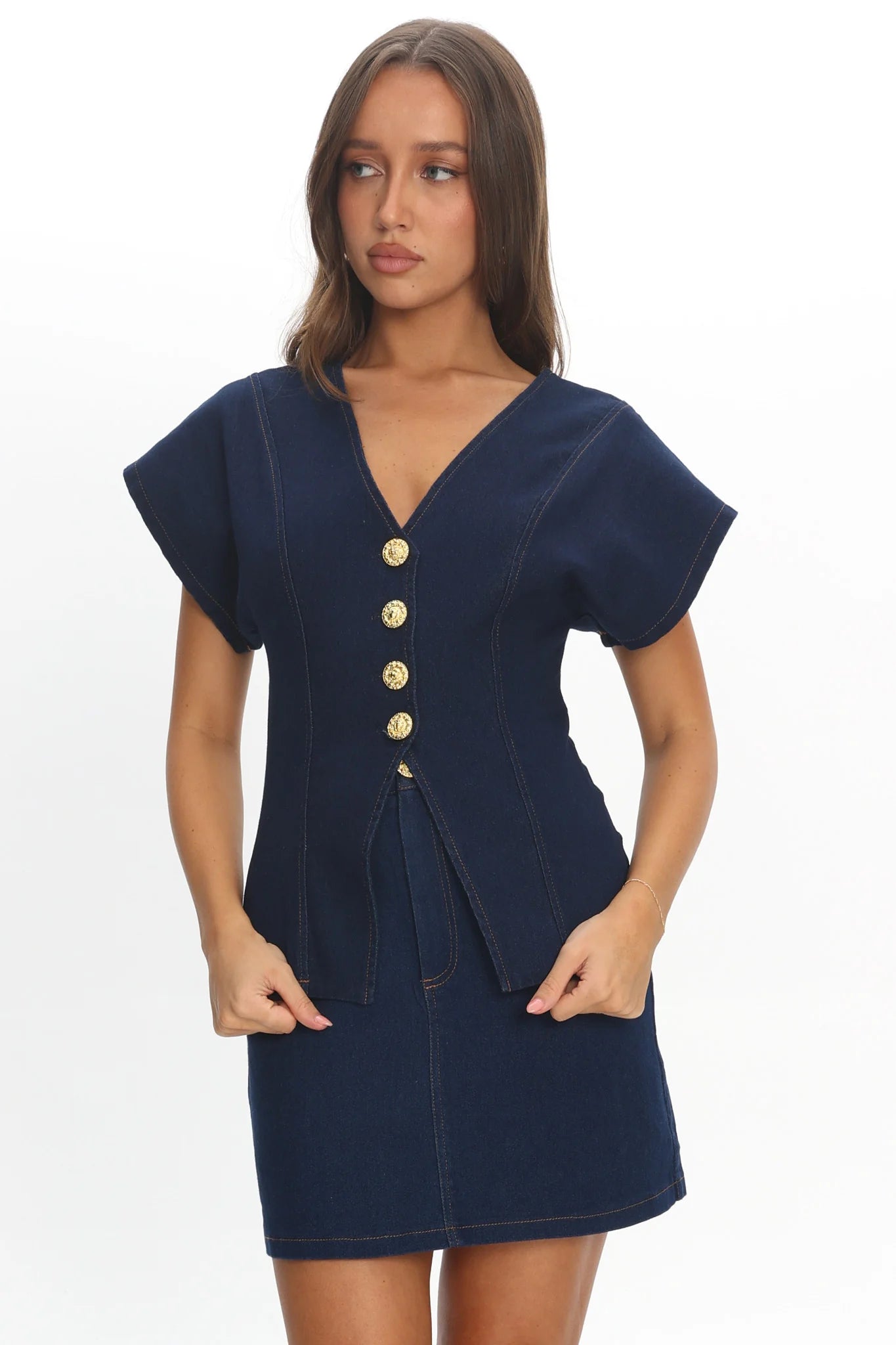 Over It Short Sleeve Button Top Denim