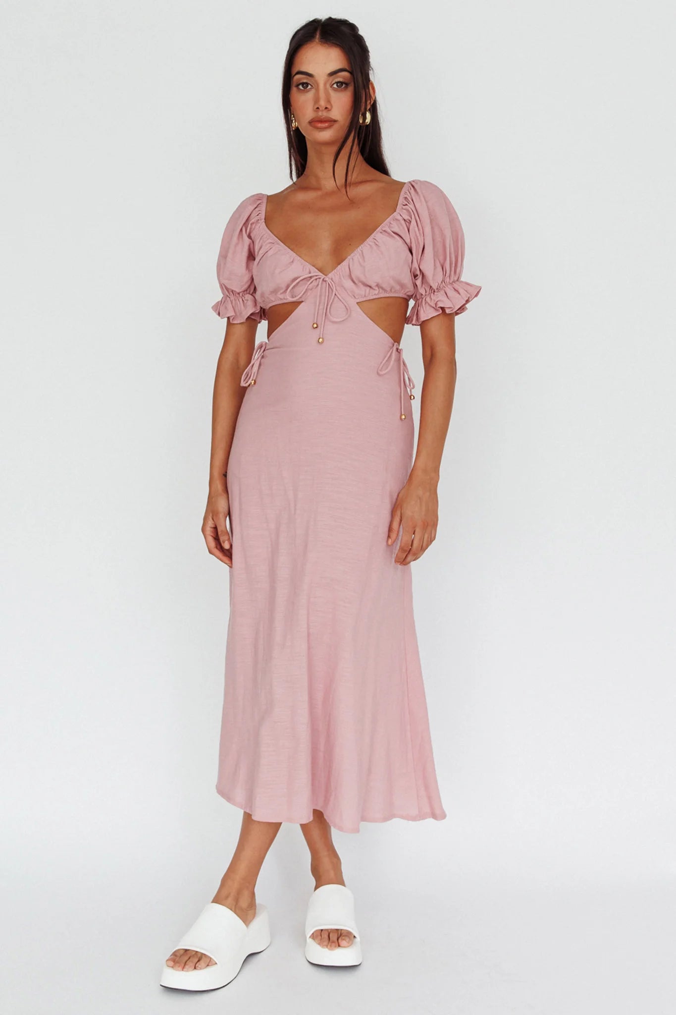 Fancy Free Puff Sleeve Midi Dress Blush