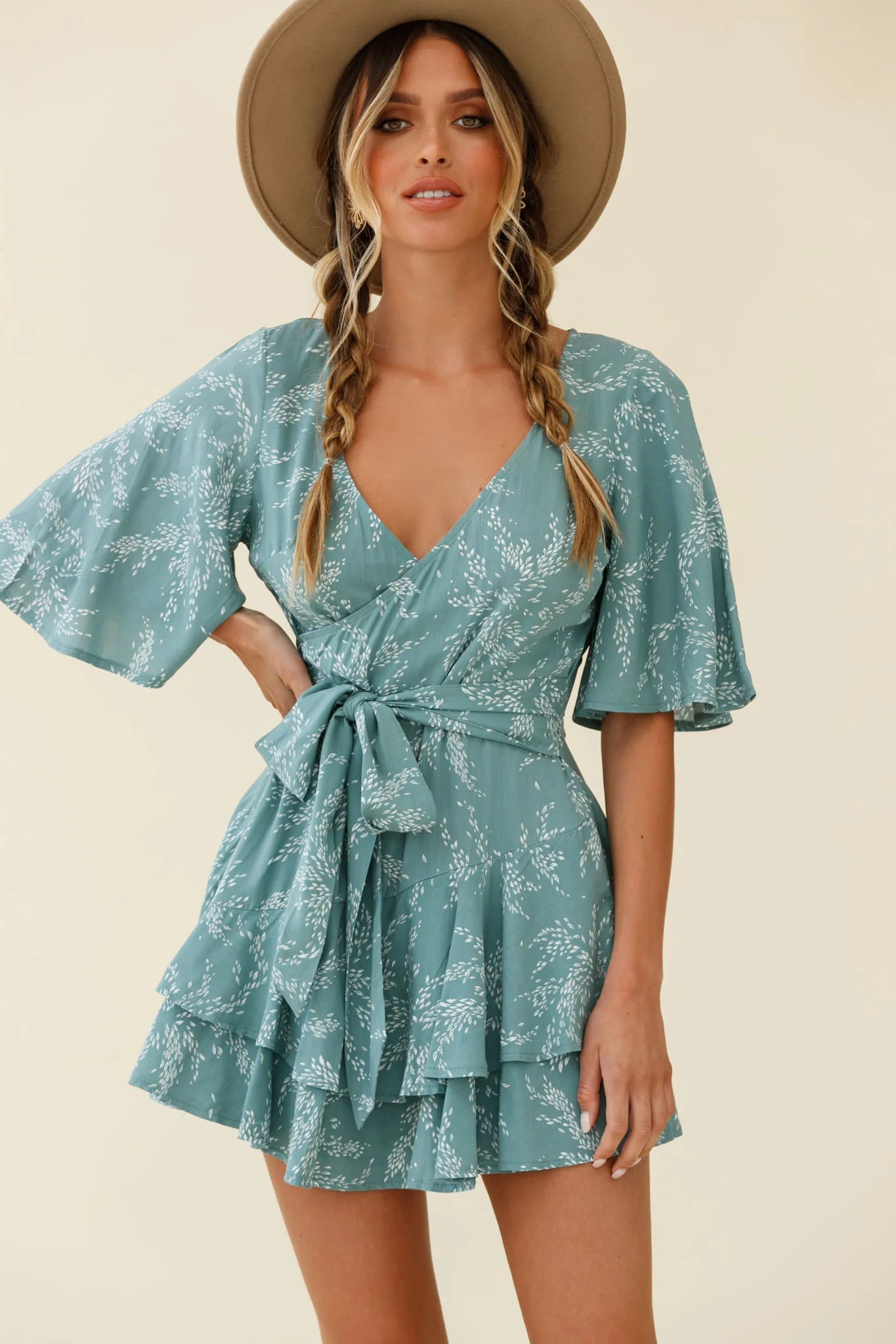 Davina Angel Sleeve Cut-Out Back Romper Leaf Print Sage