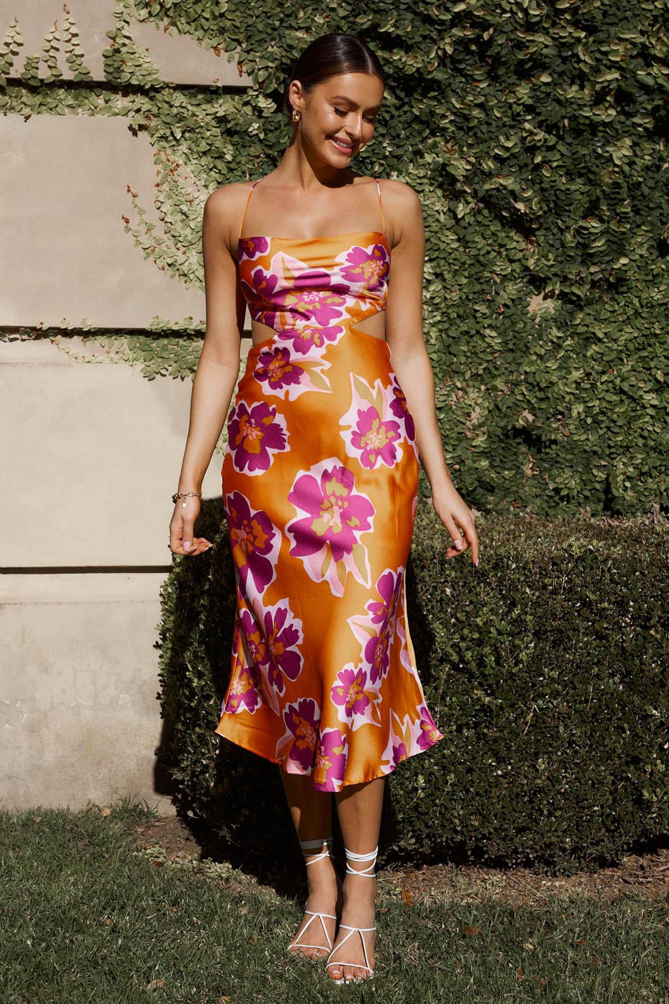 Sunday Bliss Tie-Up Back Cowl Neck Midi Dress Flower Orange