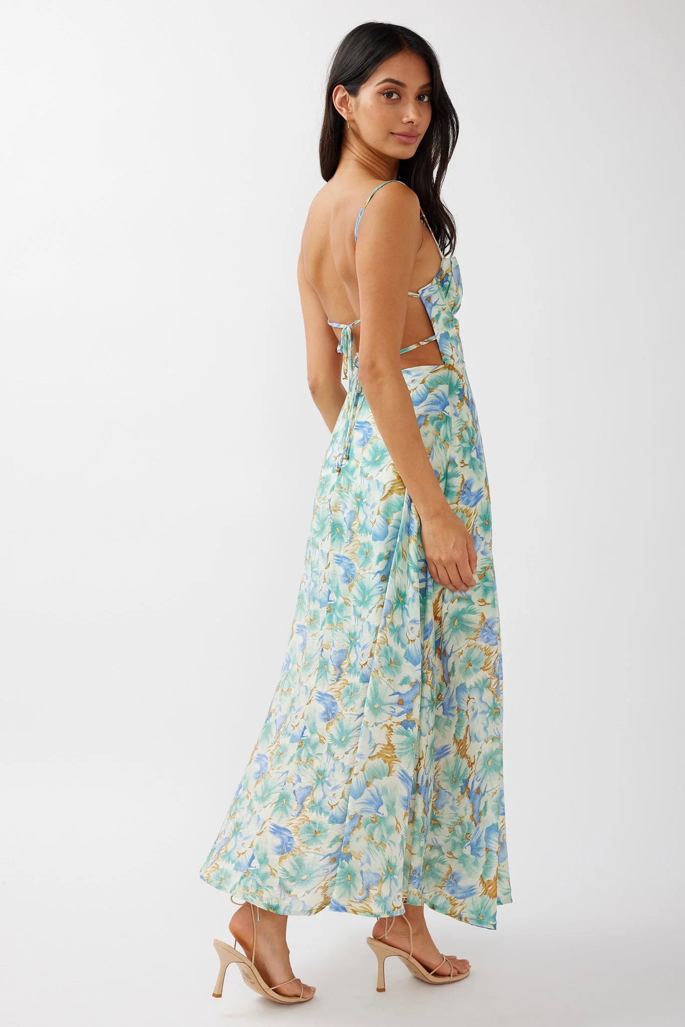 Echoes Tied Back A-Line Midi Dress Floral Green