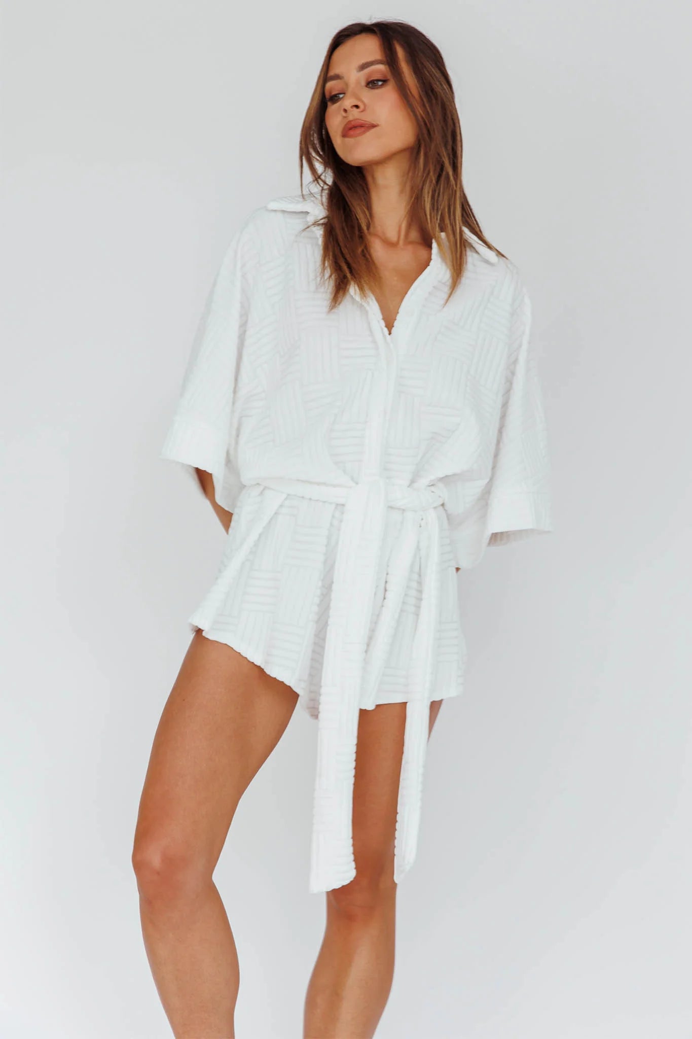 Daytona Beach Button-Up Romper Textured White