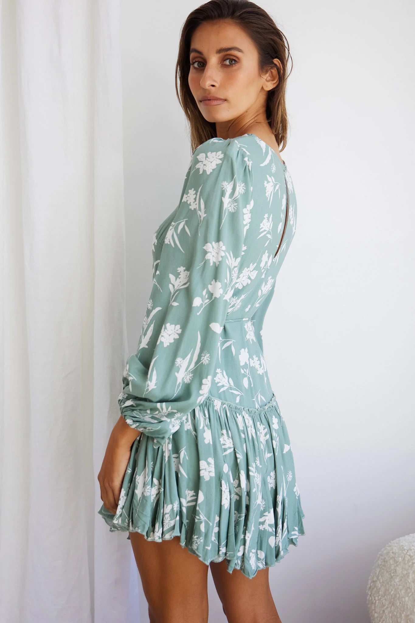 Rosabel Balloon Sleeve Fluted Hem Dress Botanic Print Sage