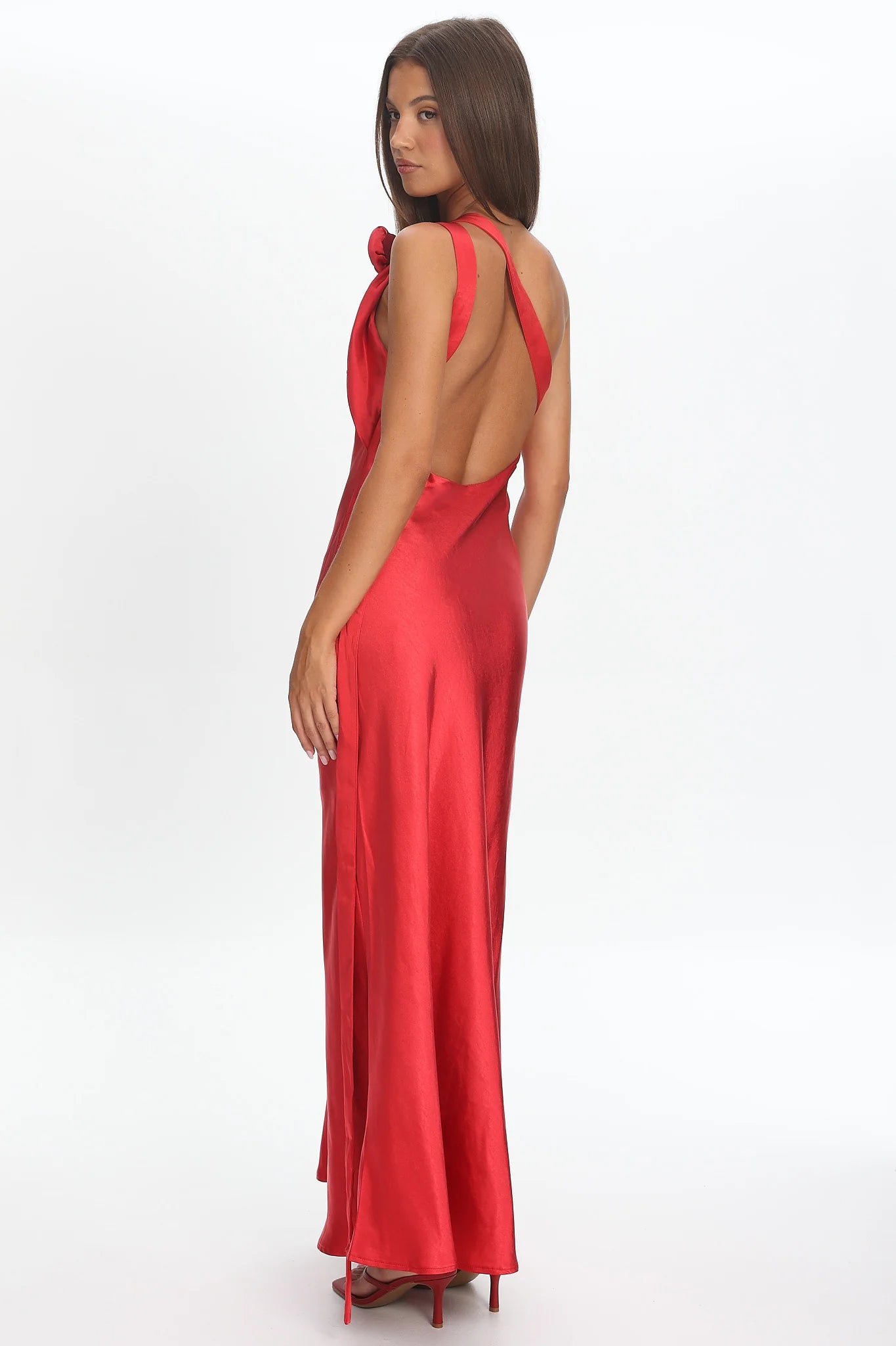 Star Fall One-Shoulder Rosette Maxi Dress Red