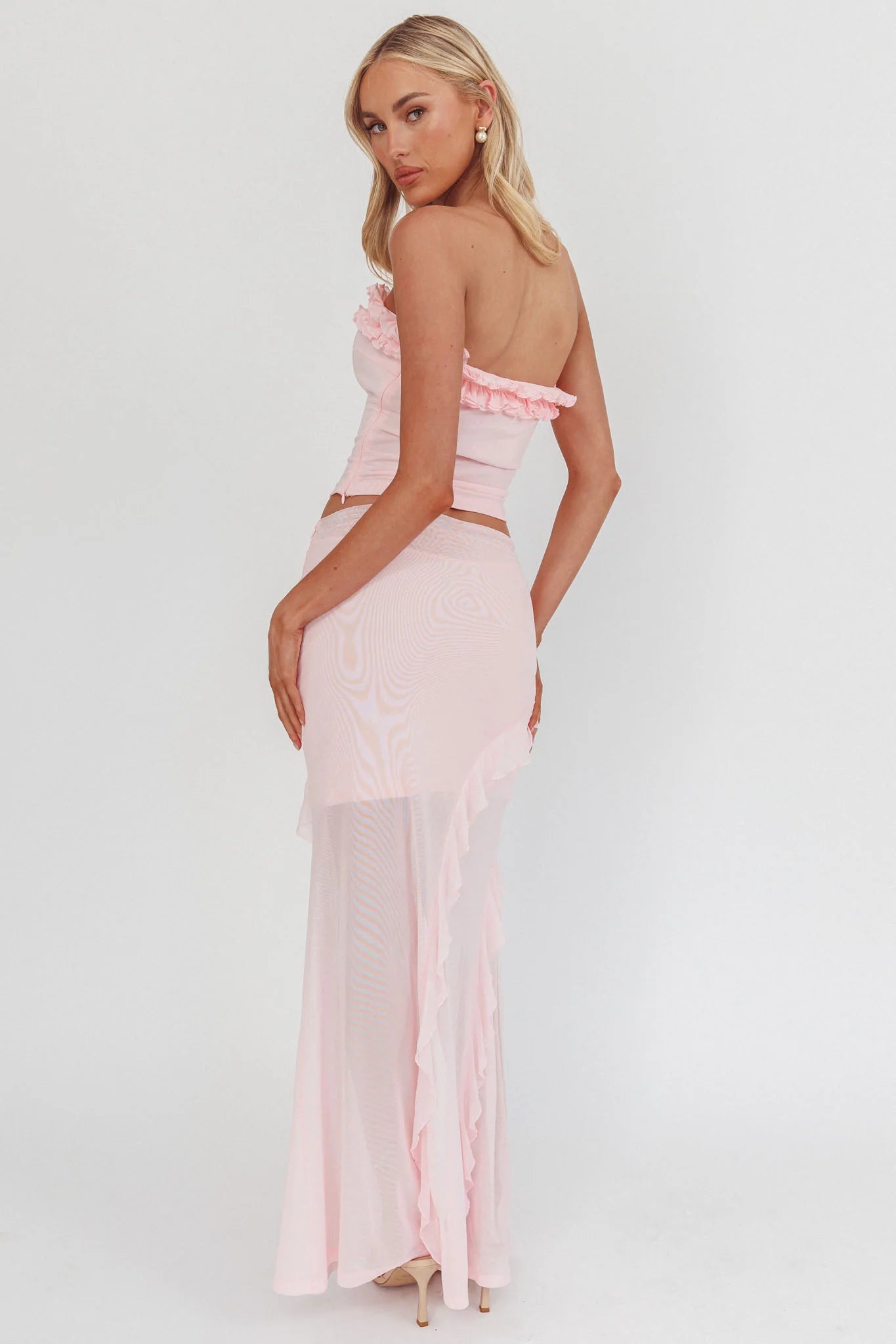 Frosted Sugar Ruffle Trim Split Midi Skirt Pink