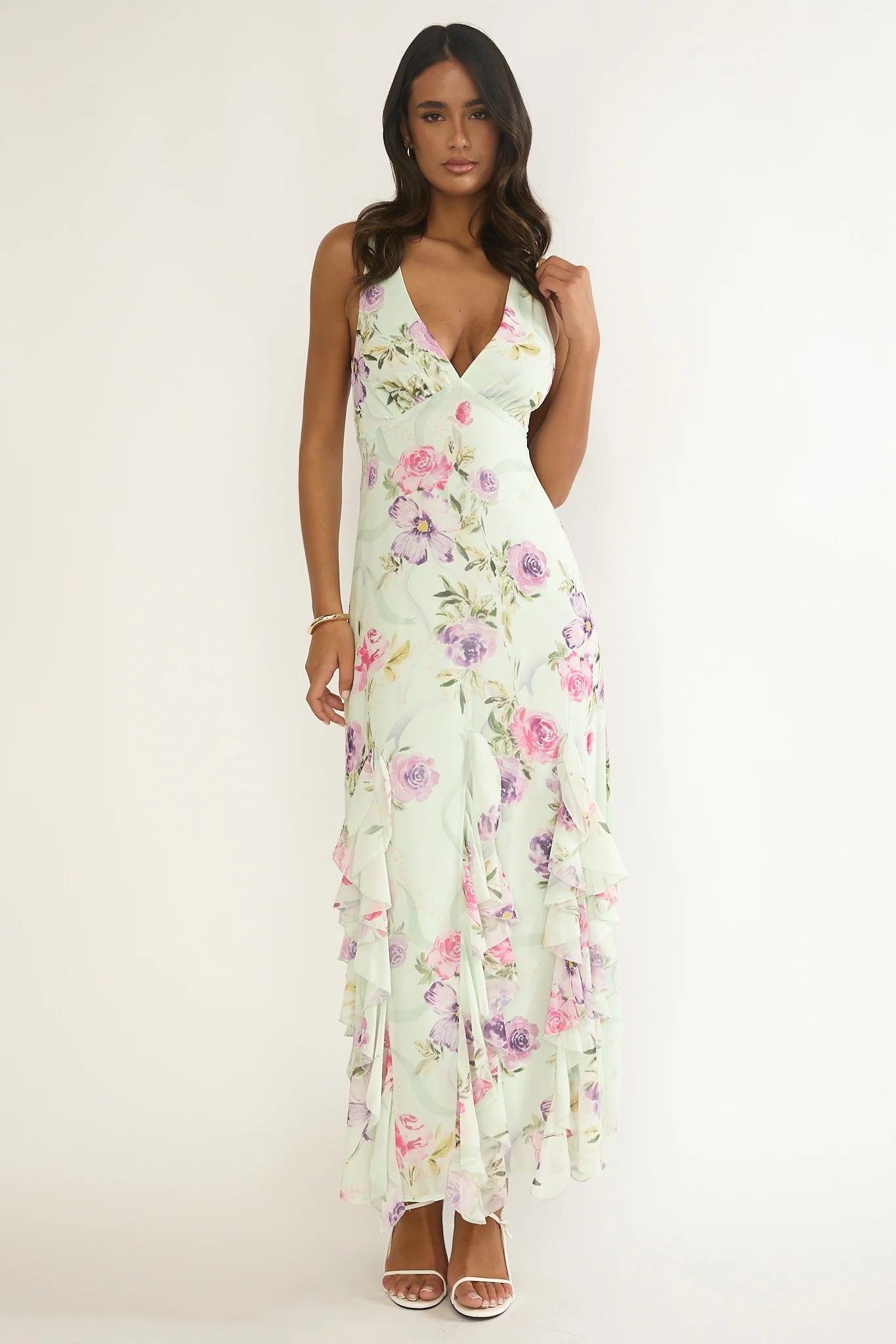 Elenya Strappy Back Ruffle Trim Maxi Dress Mint Floral