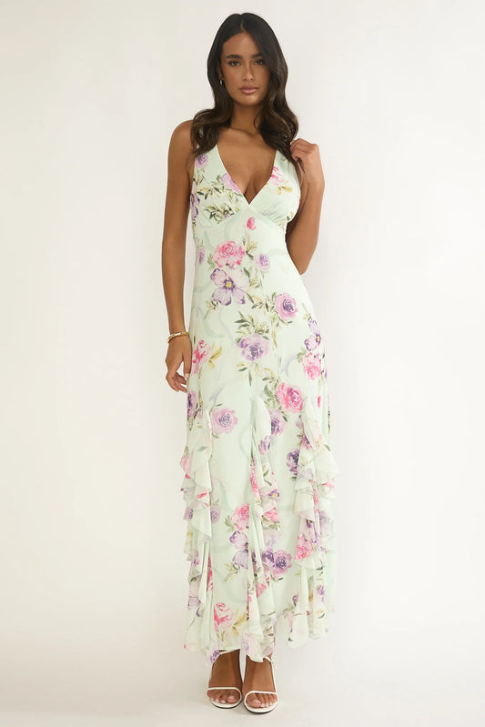Elenya Strappy Back Ruffle Trim Maxi Dress Mint Floral