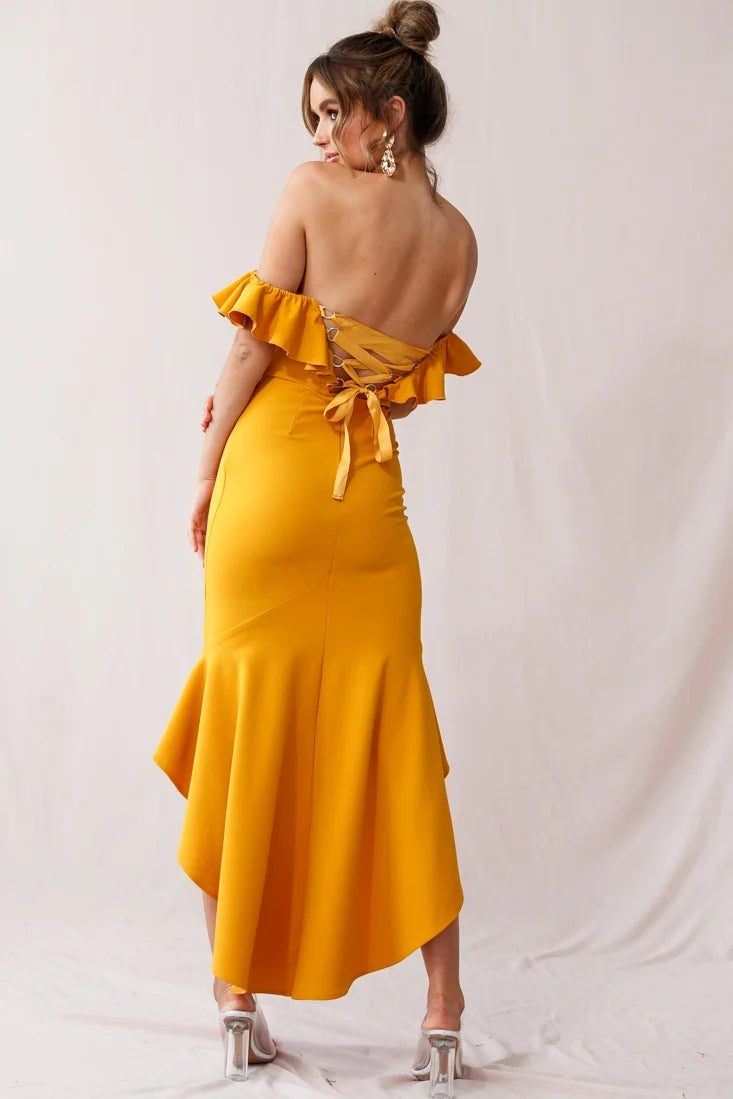 Cloud 9 Bardot Neckline Corset Back Dress Mustard