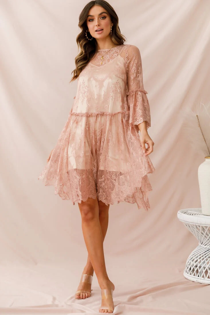 Birdie Lace Overlay Swing Dress Nude