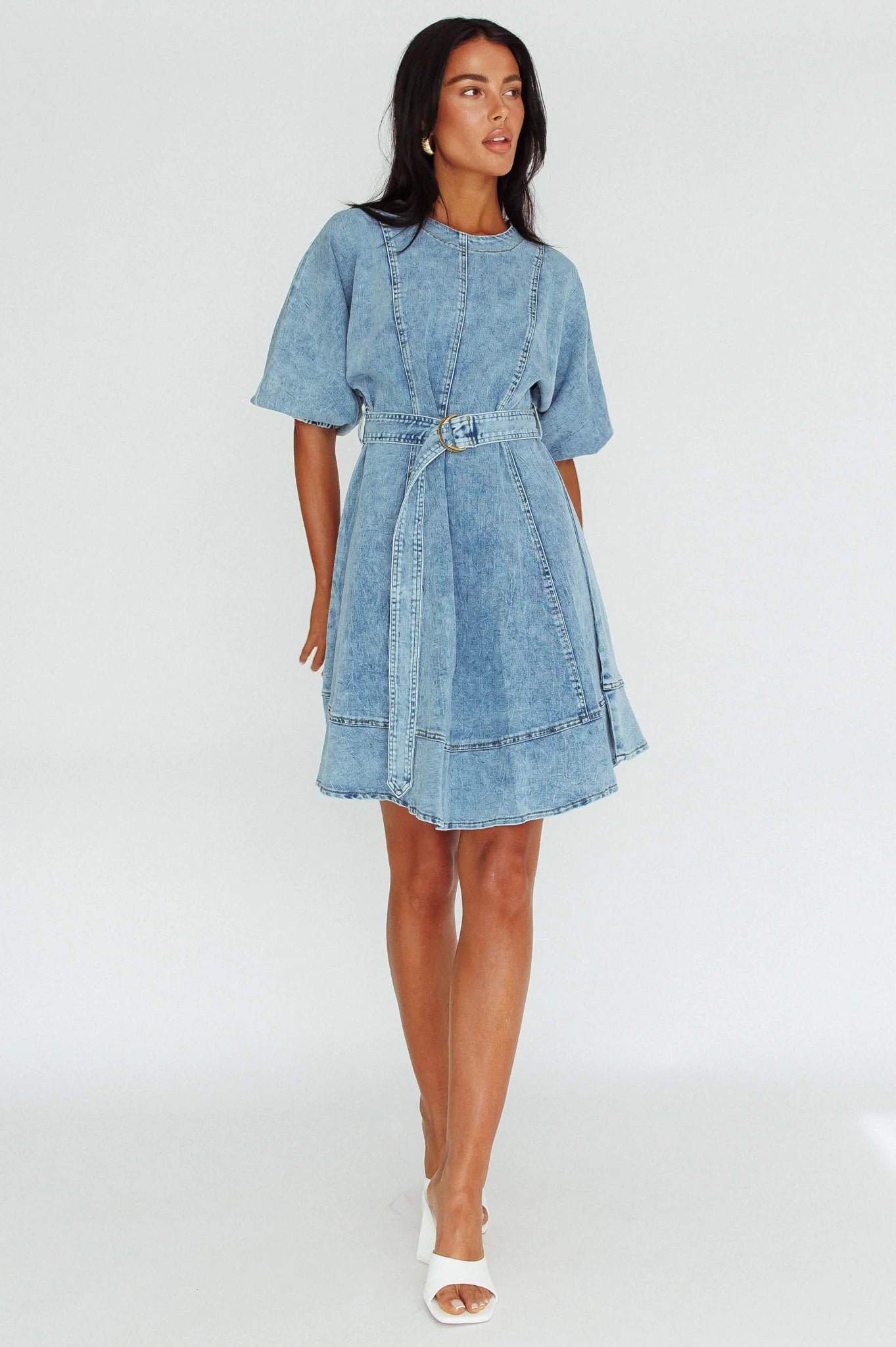Cadijah Puff Sleeve Belted Mini Dress Denim Blue