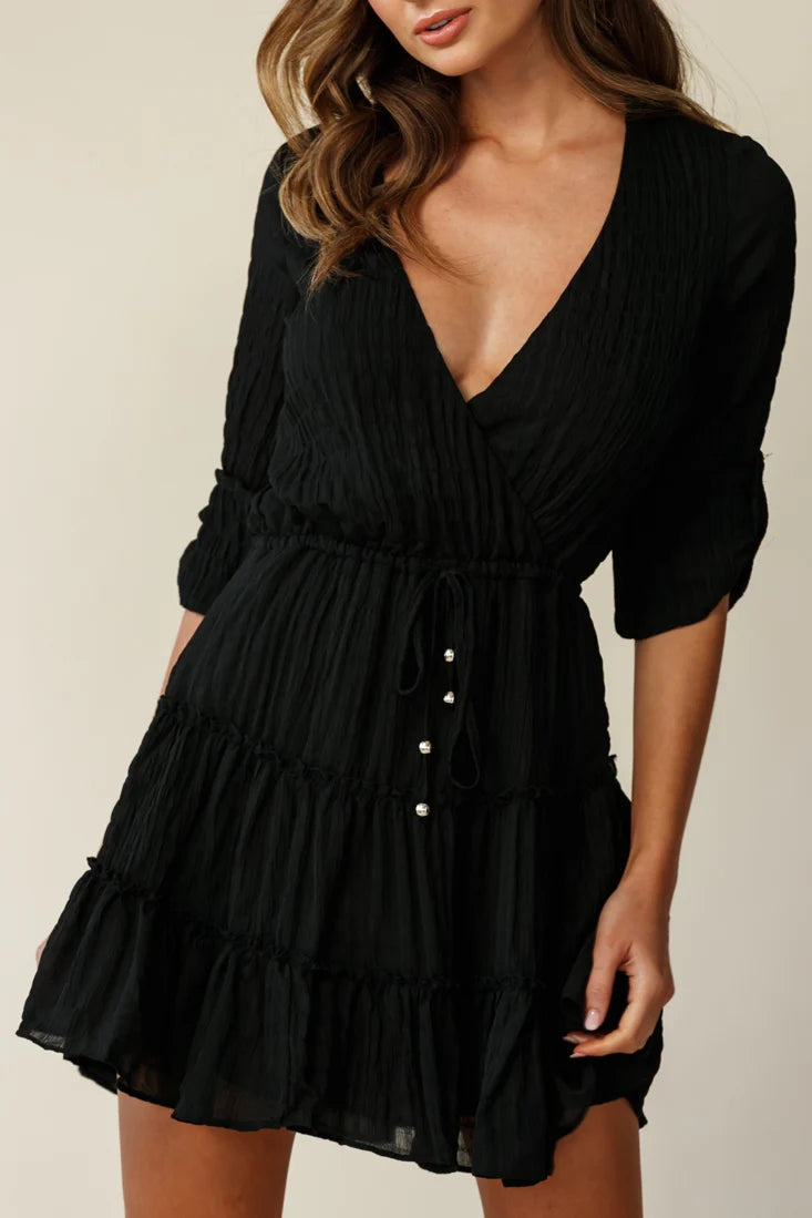 Bostyn Adjustable Sleeve Drawstring Waist Dress Black