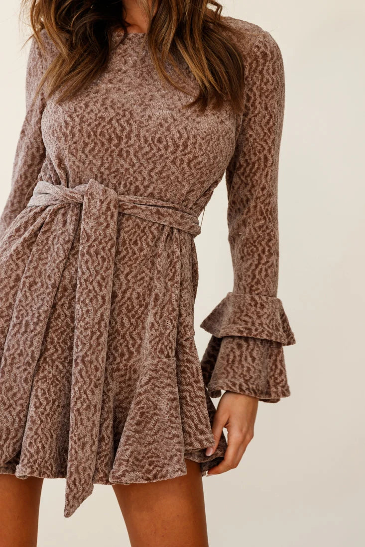 Saphira Long Sleeve Fluted Hem Knit Dress Taupe