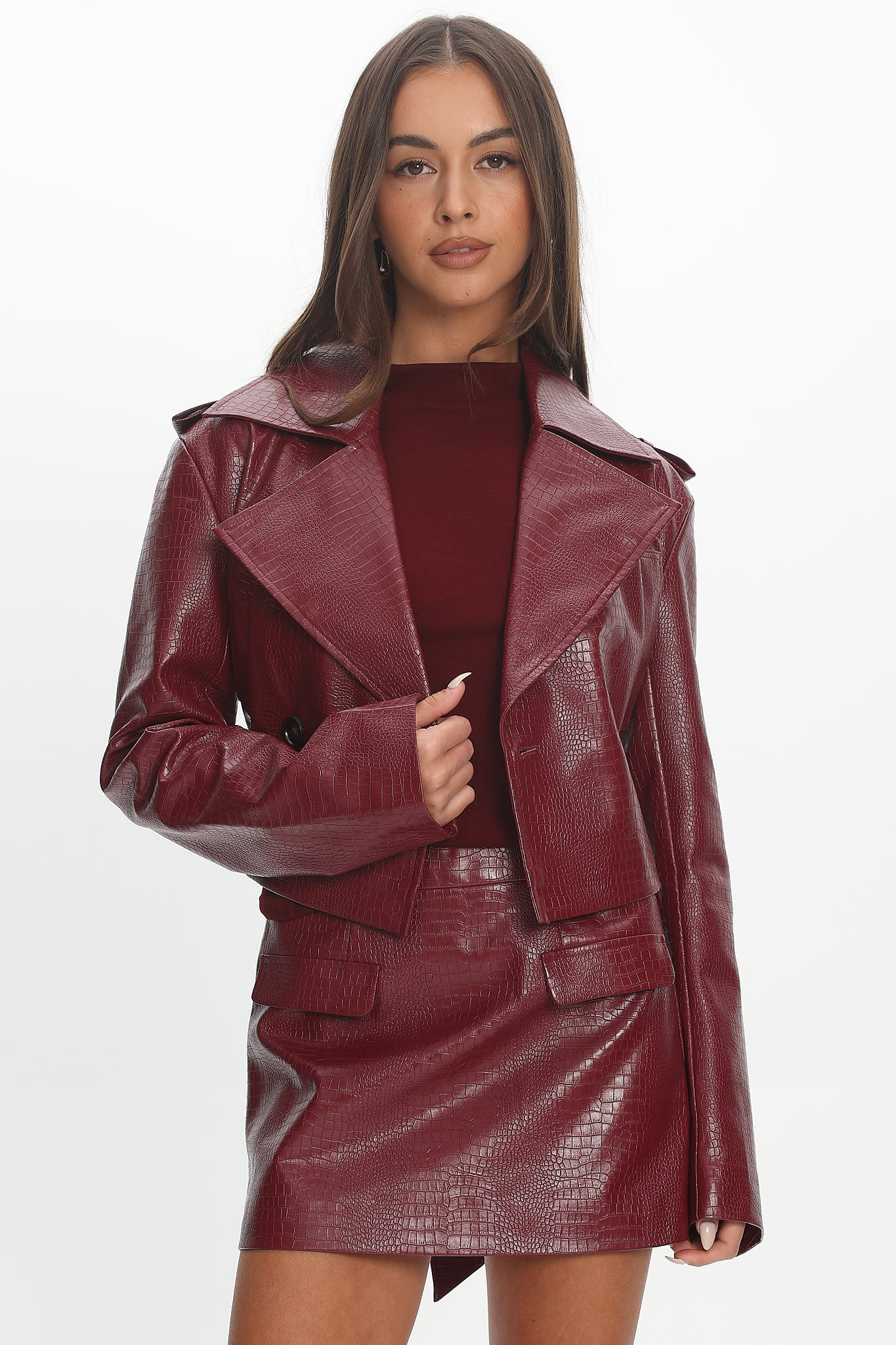Nial Faux Leather Crop Jacket Burgundy
