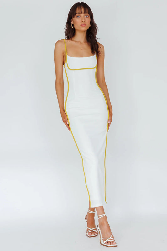 Sunny Coast Piping Trim Maxi Dress White/Yellow