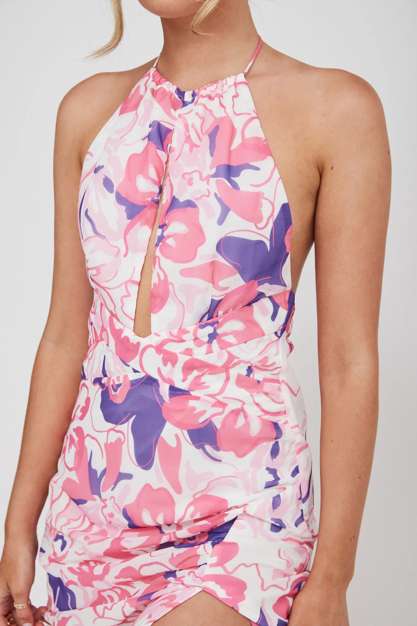 Nirvana Halterneck Split Midi Dress Floral Pink