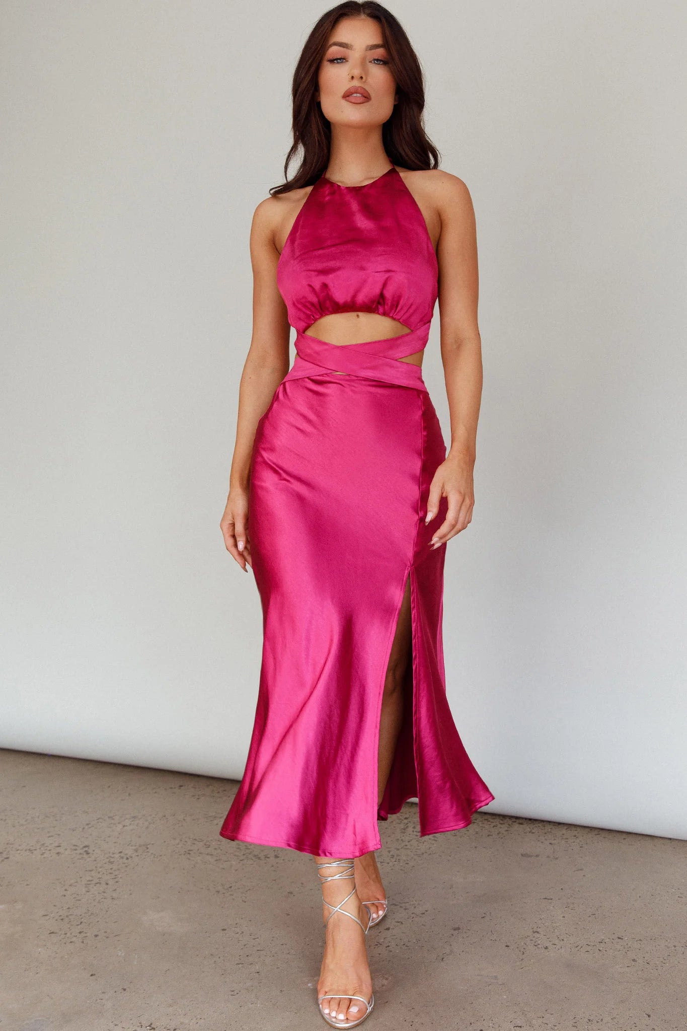 Social Butterfly Cut-Out Waist Midi Dress Fuchsia