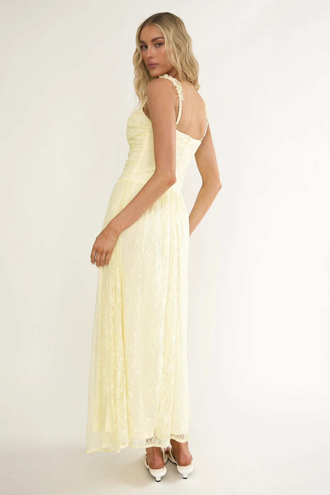 Dahlin Frill Strap Lace Overlay Maxi Dress Butter