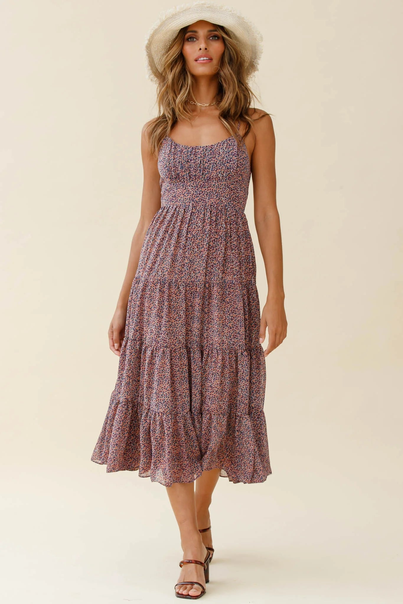 Eternal Sunshine Gathered Bust Midi Dress Leaf Print Purple Multi