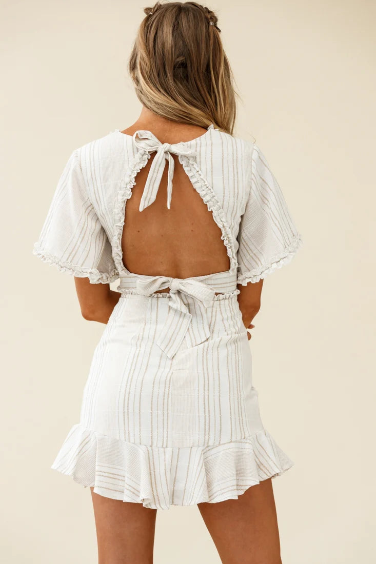 Ochre Open Back Bow Detail Dress Stripe Pattern White/Mocha