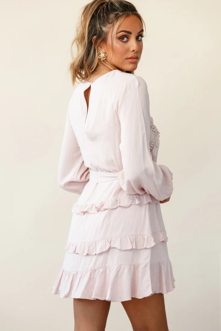 Dusk Long Sleeve Waist Tie Frill Dress Blush
