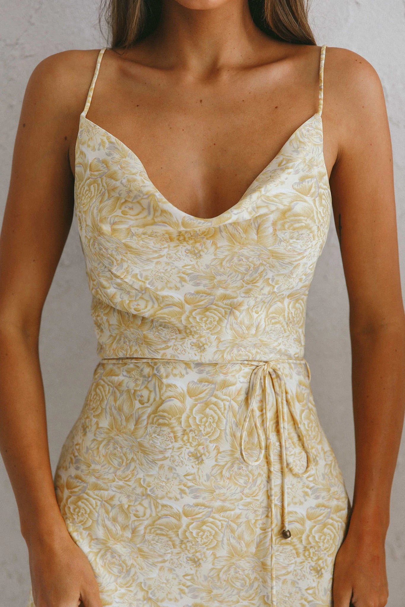 Sweet Memories Cowl Neckline Slip Dress Vintage Floral Print Yellow