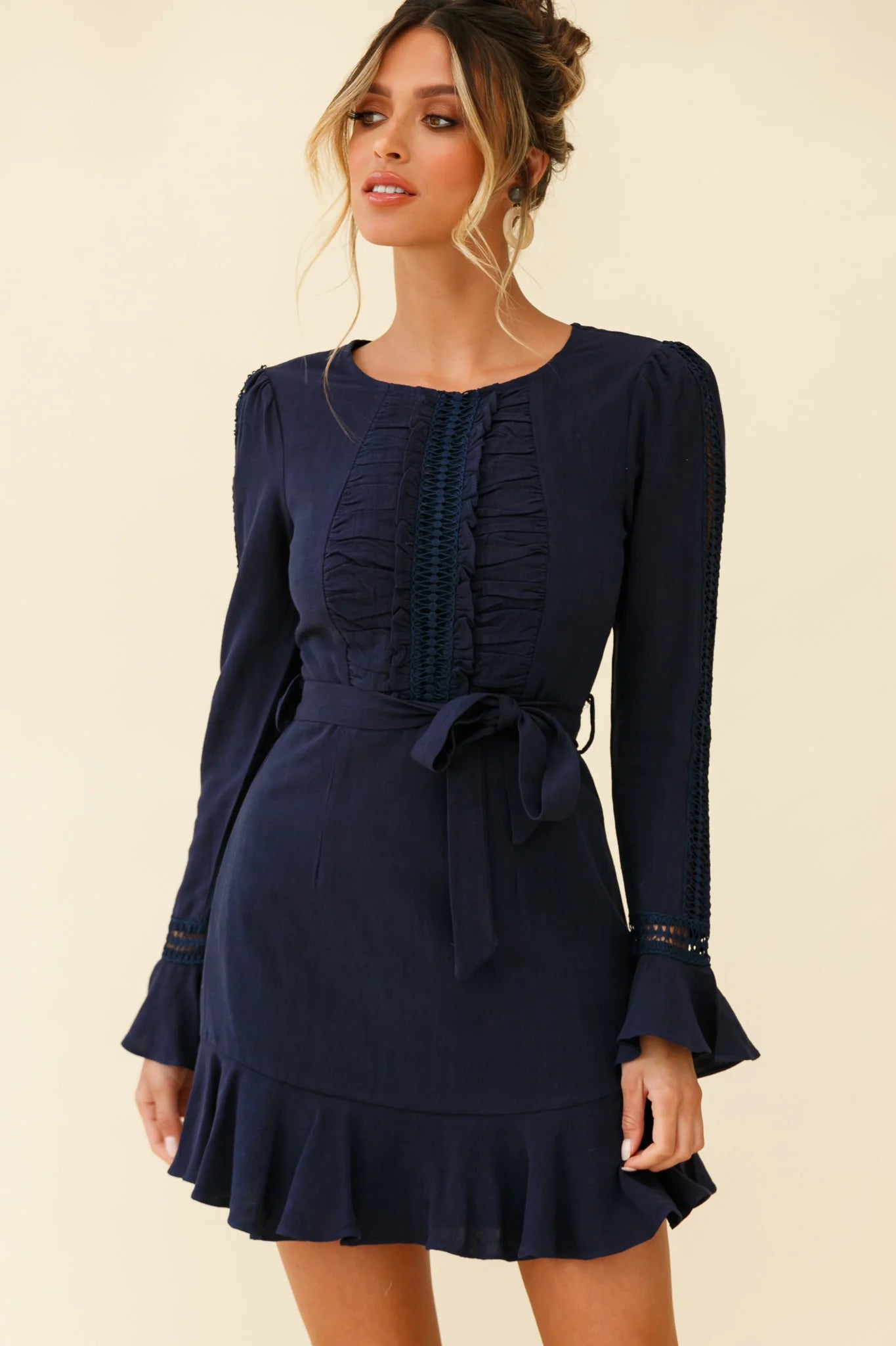 Gardenia Long Sleeve Frill & Crochet Trim Dress Navy