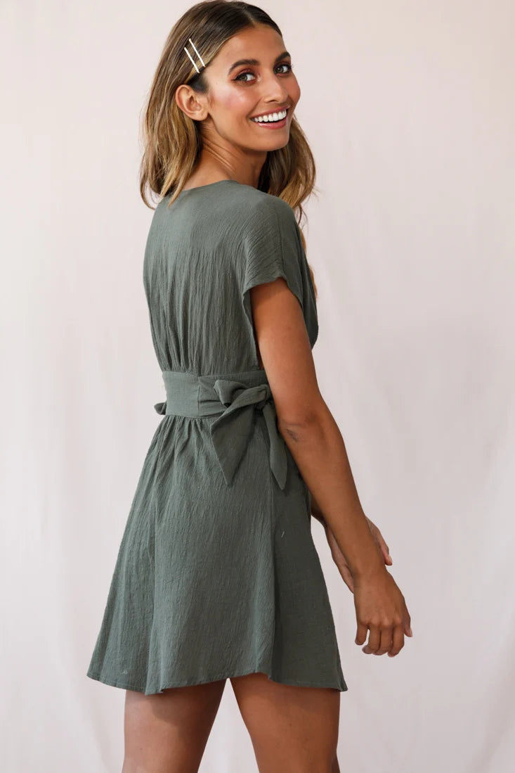 Dara Button Accent Dress Green Khaki