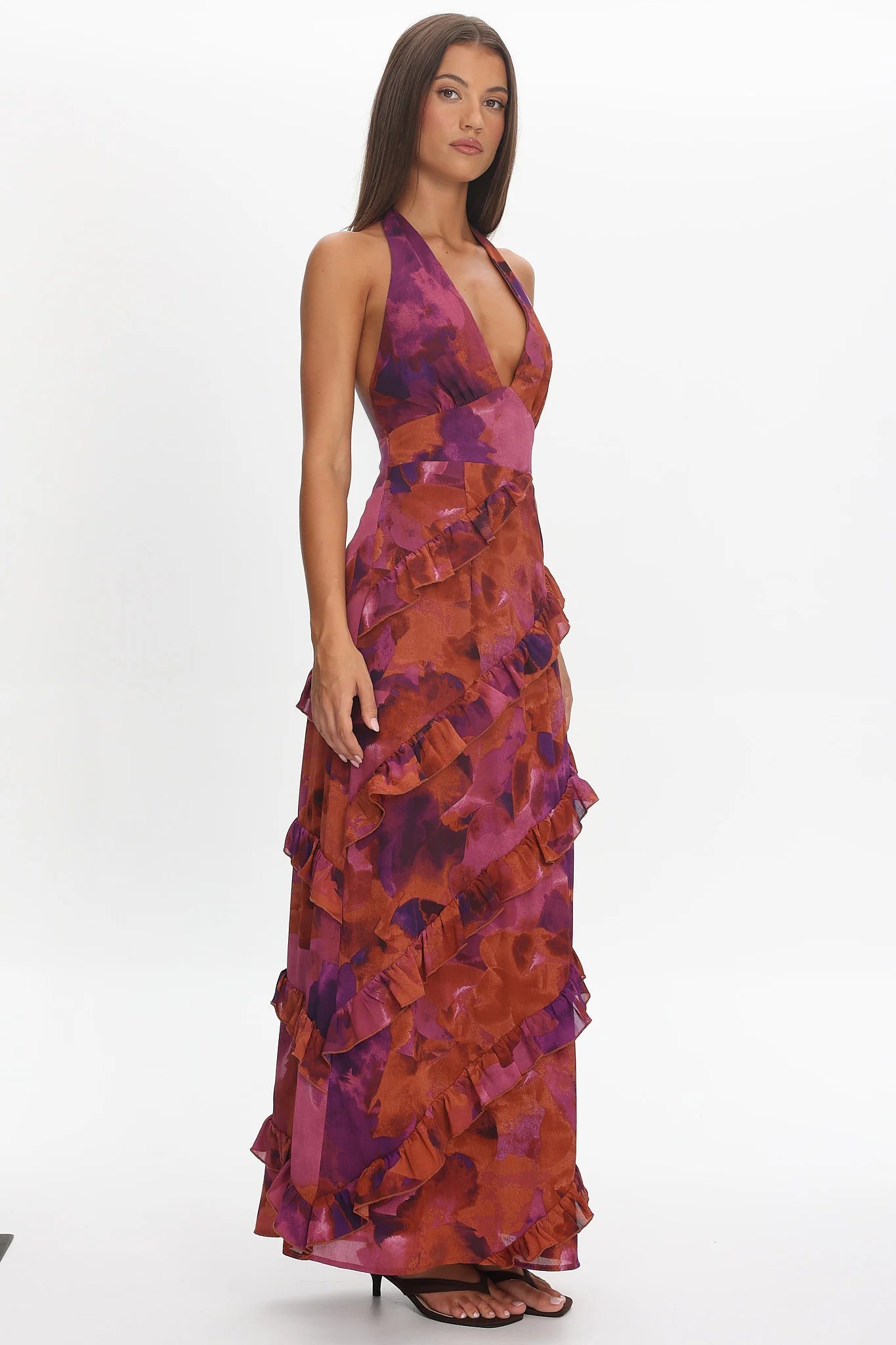 Flirt Frill Trim Halter Maxi Dress Dark Rose