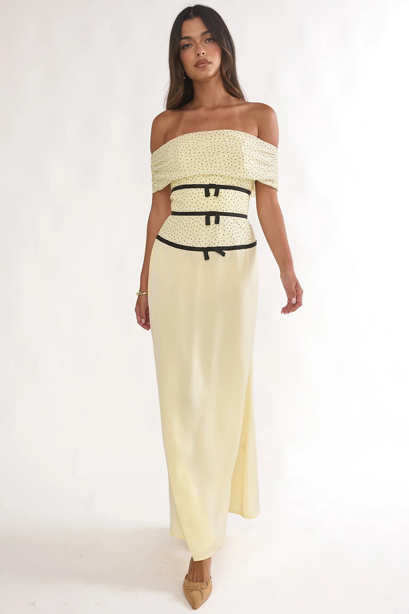 Begonias Off-Shoulder Bow Maxi Dress Spotted Lemon