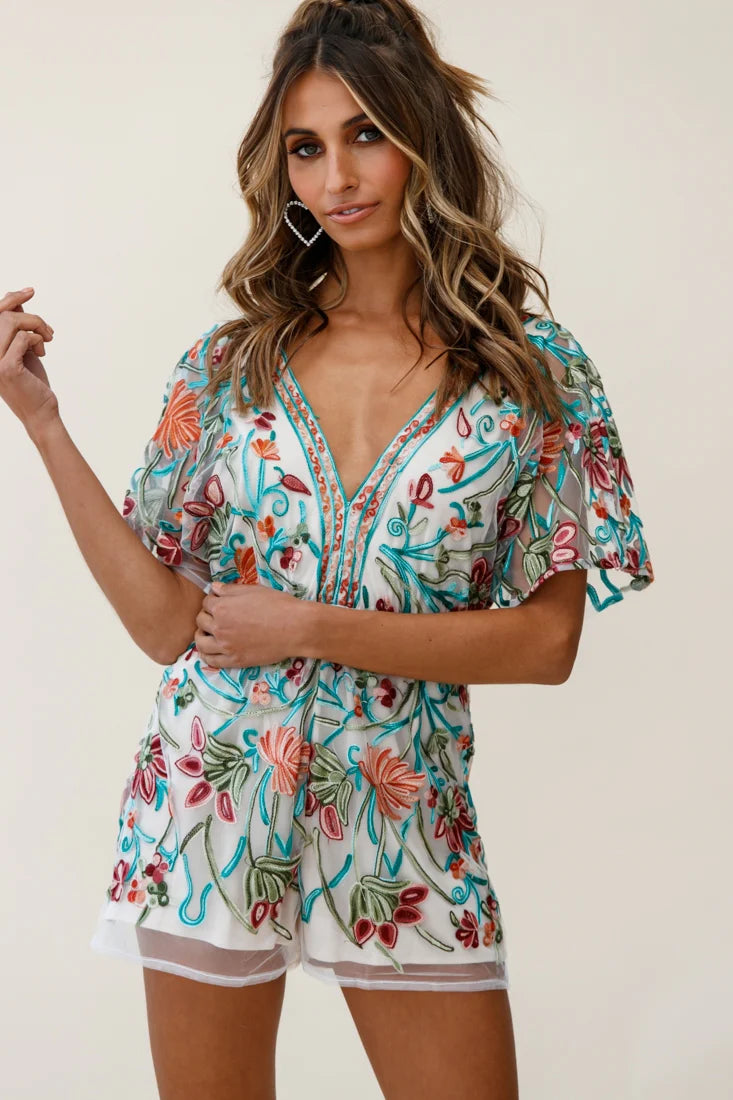 Cecelia Dressy Floral Romper Green Jade