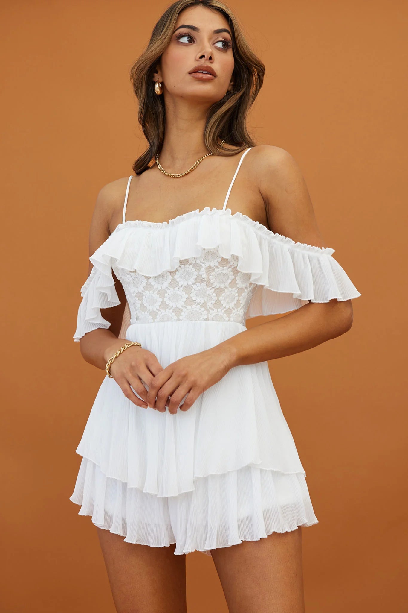 Darcy Ruffle Neckline Lace Bodice Romper White
