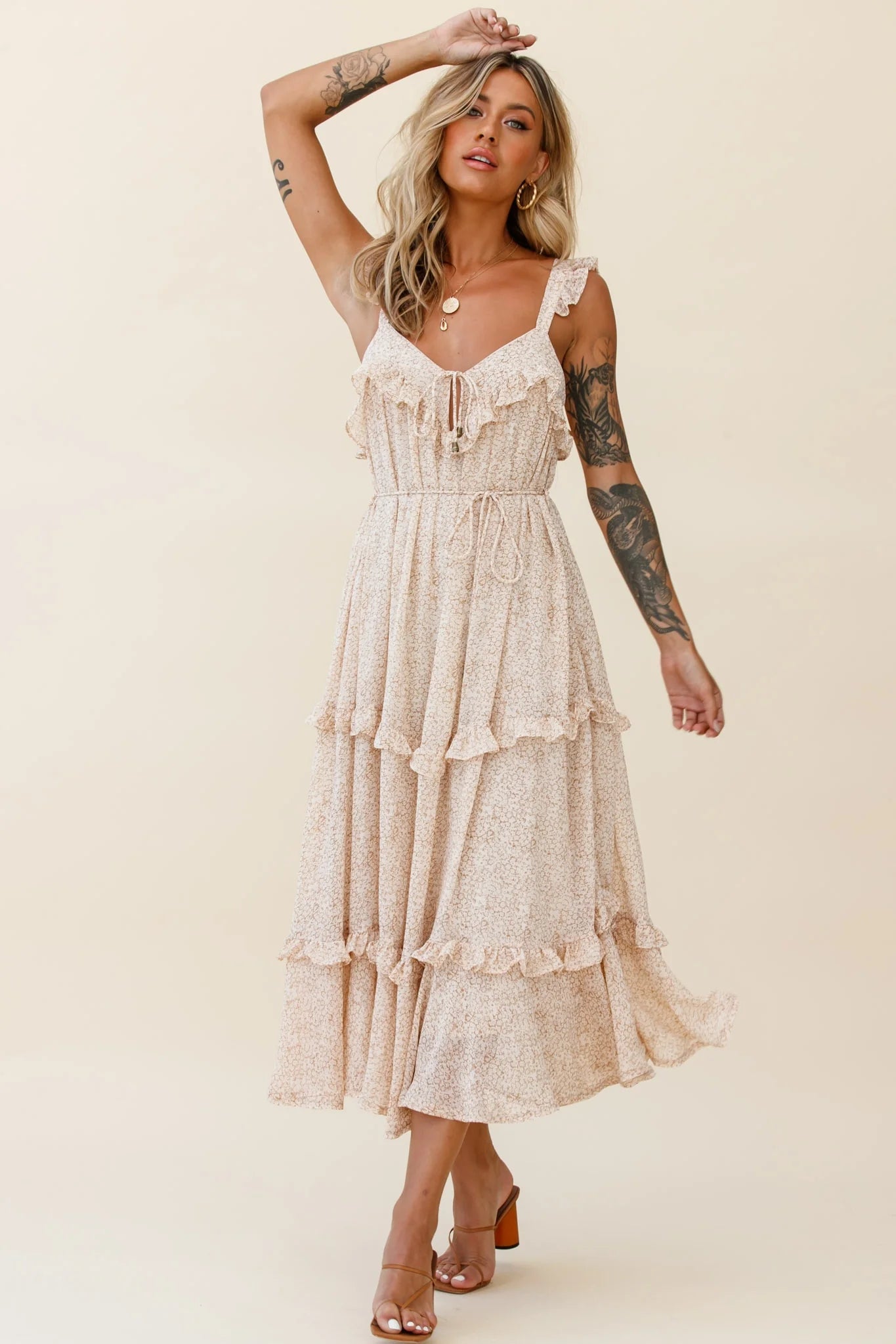 Priscilla Frill Detail Maxi Dress Floral Print Beige