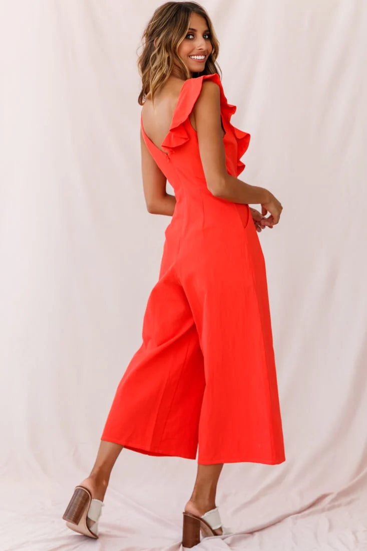 Cheryl Ruffle Strap Wide Leg Jumpsuit Tangerine
