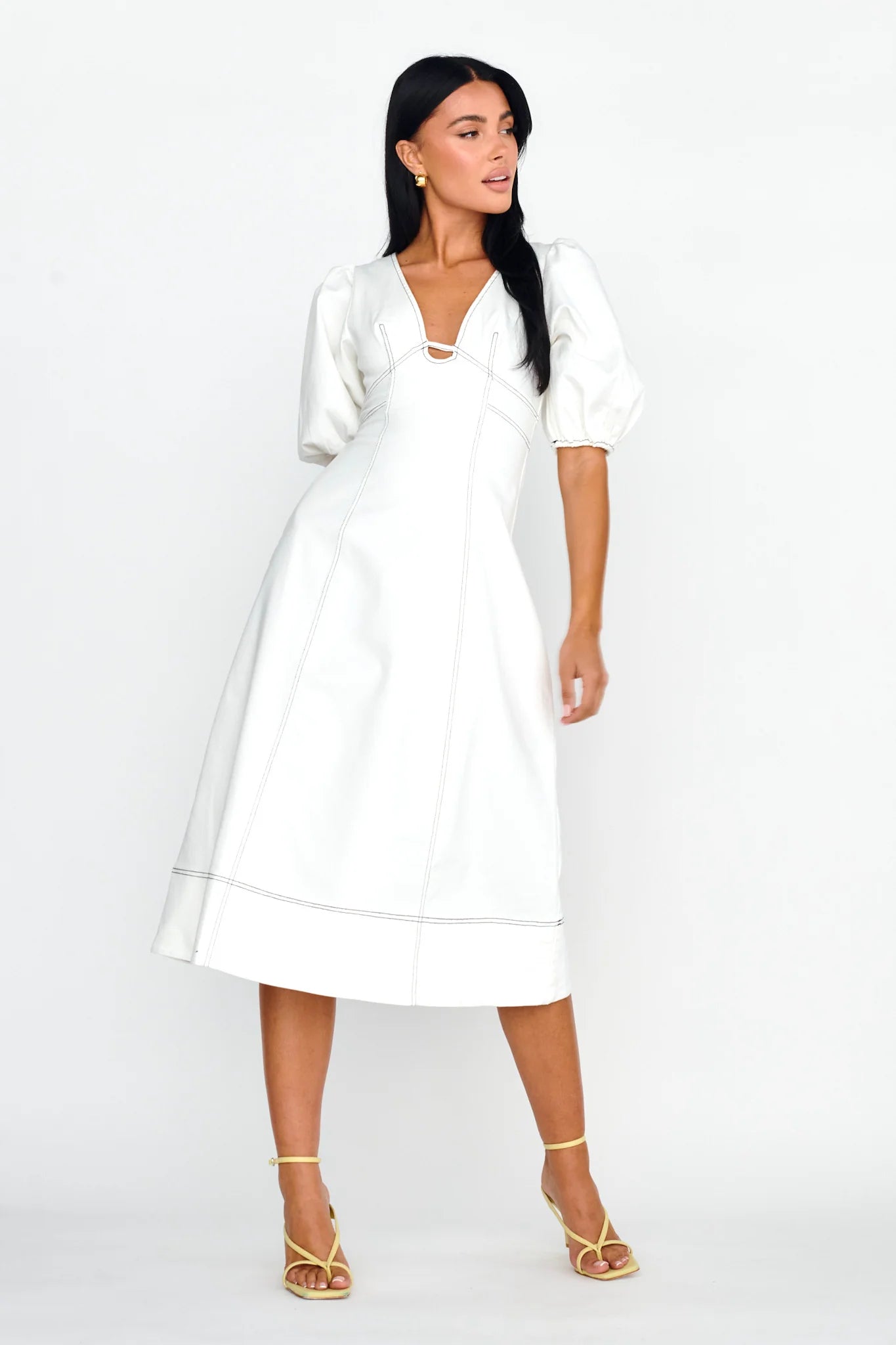 Elias Puff Sleeve Midi Dress White