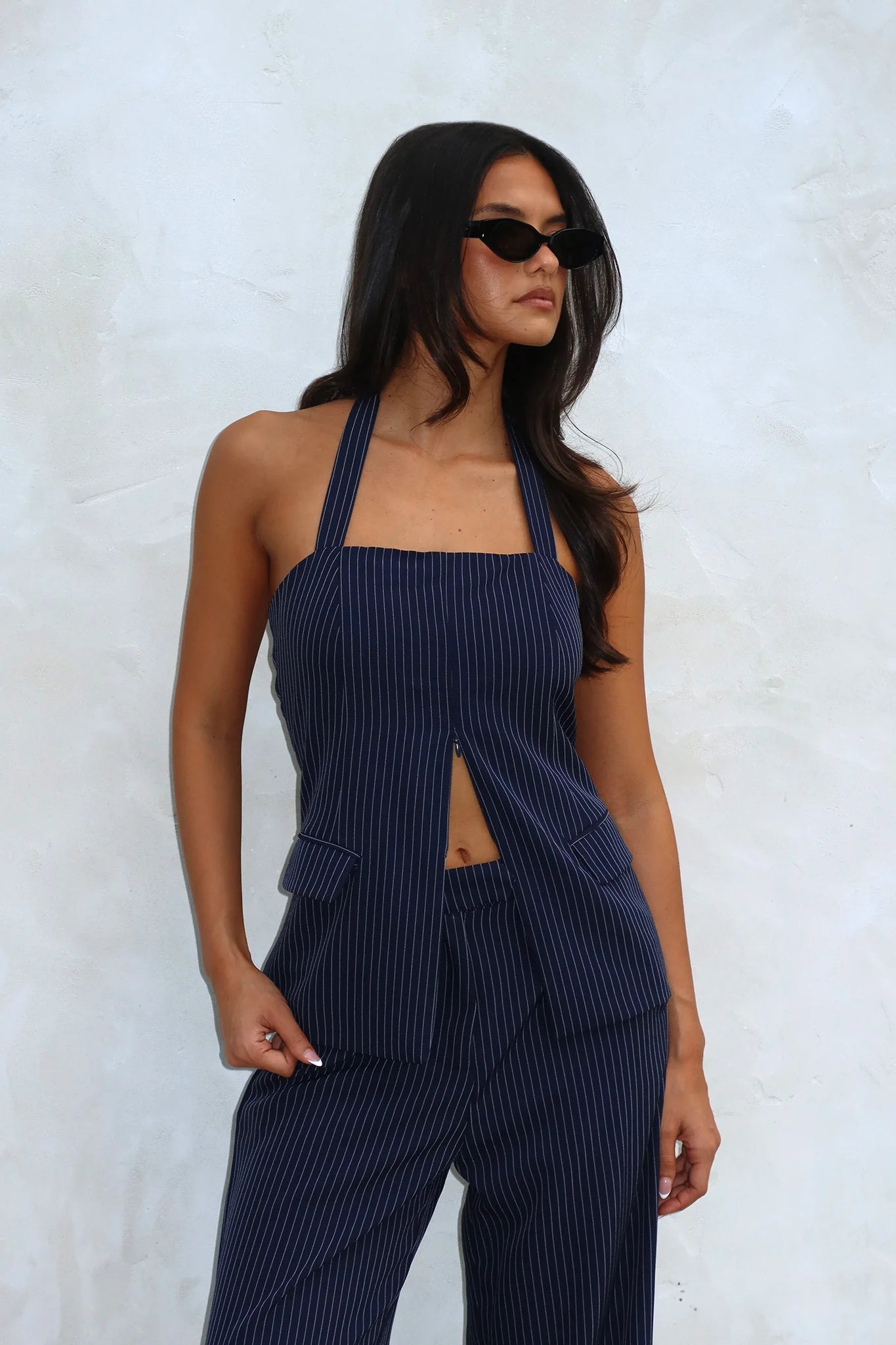 Renee Front Zip Halter Top Pinstripe Navy