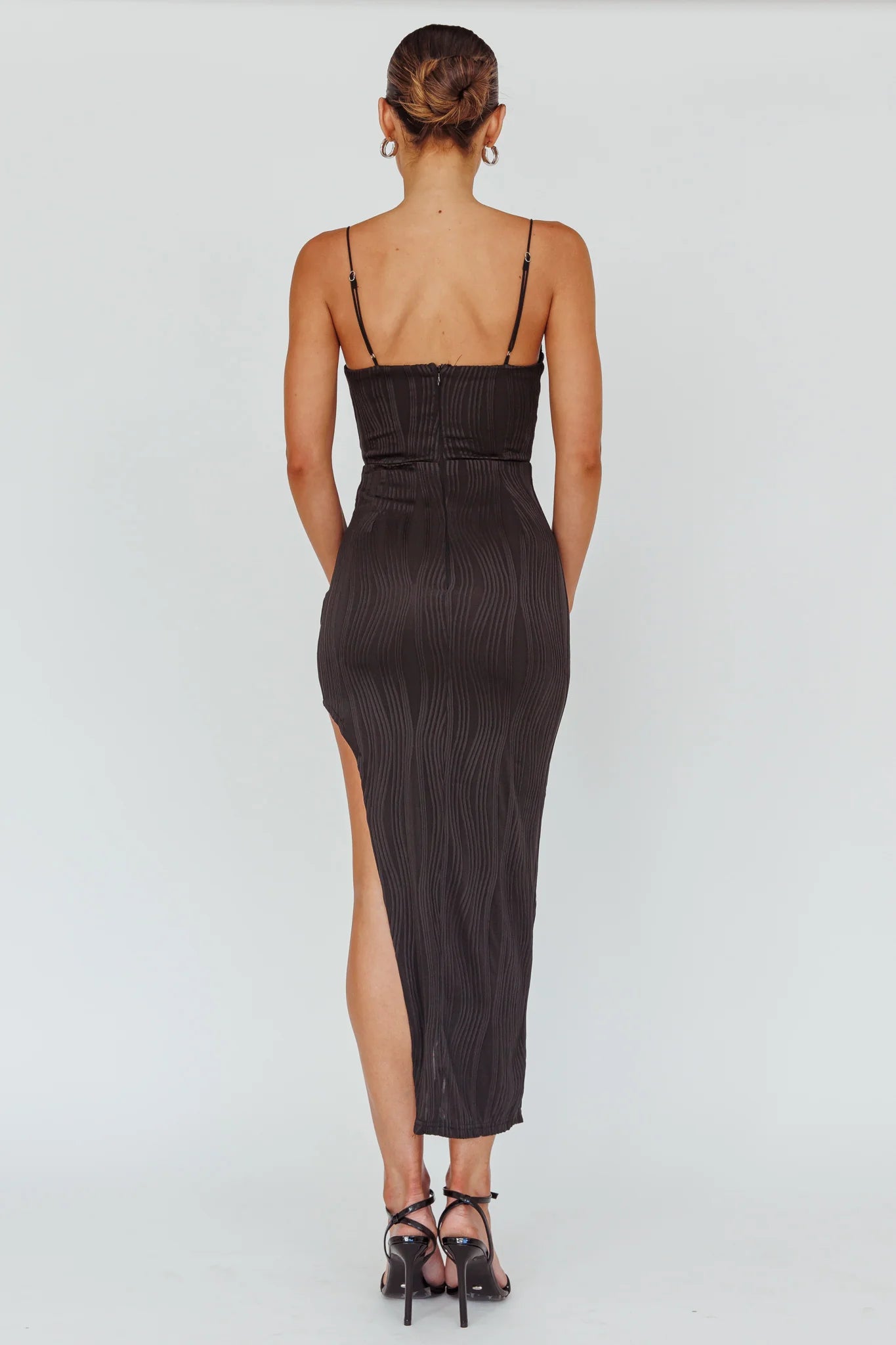 Silver Screen Queen Thigh Split Maxi Dress Stripe Black