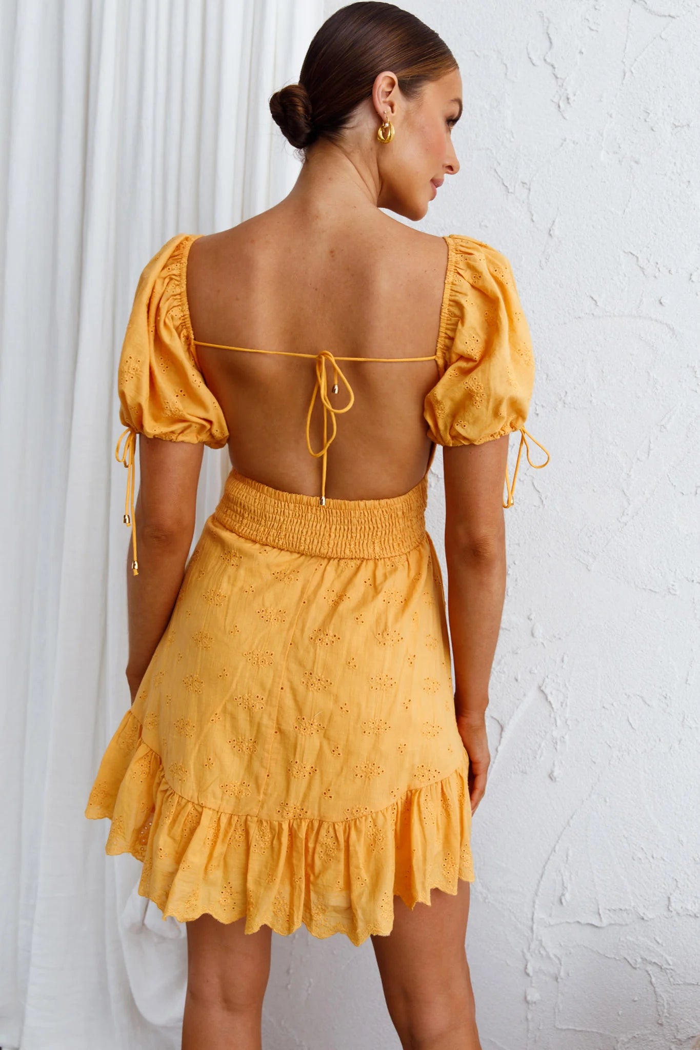 Sweet Devotion Puff Sleeve Shirred Waist Eyelet Mini Dress Orange