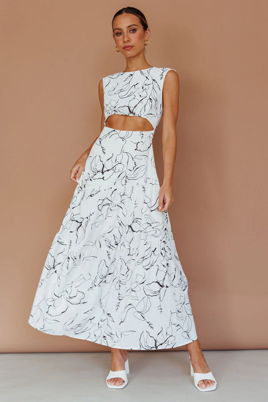 Shaniqua Cut-Out Sleeveless Midi Dress Print White