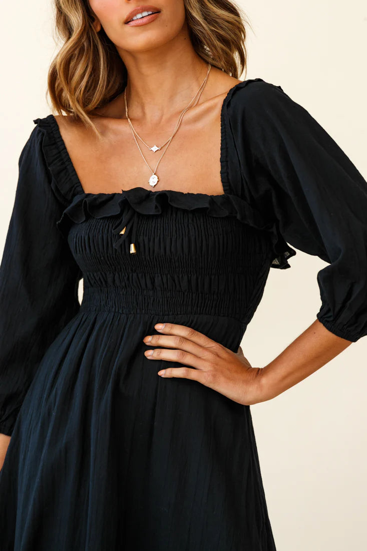 Flynn Off-Shoulder Shirred Bust Midi Dress Black