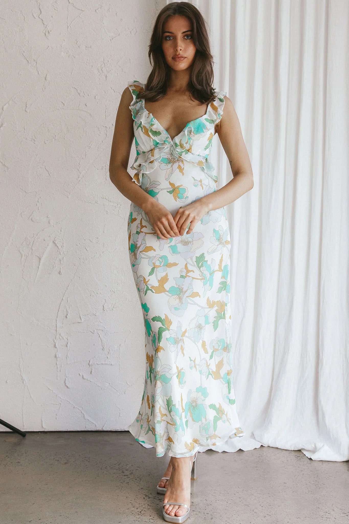 Second Chances Ruffle Trim Midi Dress Floral Mint