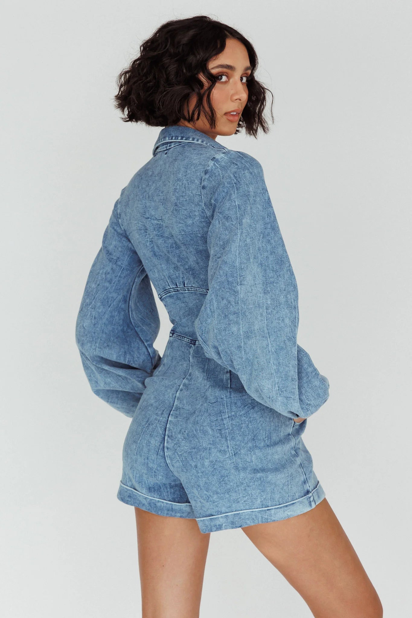 South Beach Long Sleeve Collared Romper Denim