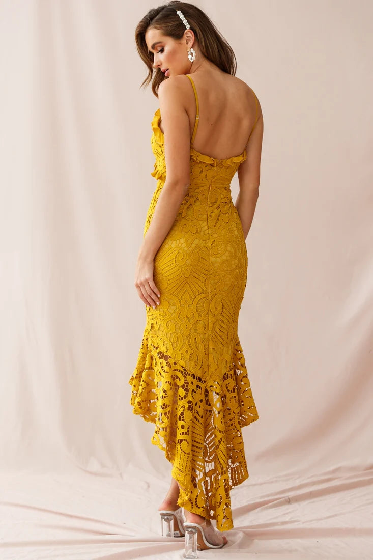 Shakeera High-Low Hem Lace Dress Mustard