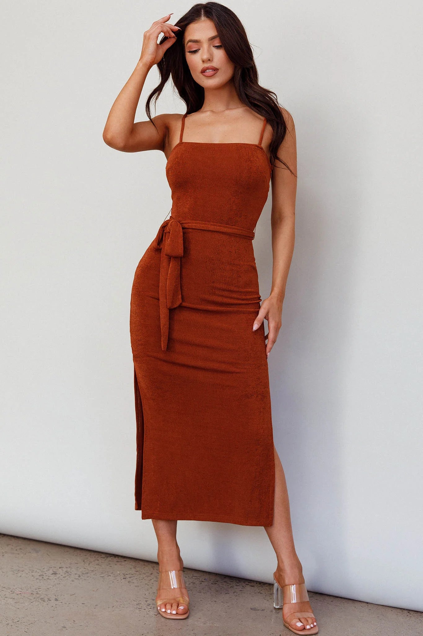 Serenade Me Square Neckline Side Split Midi Dress Cinnamon