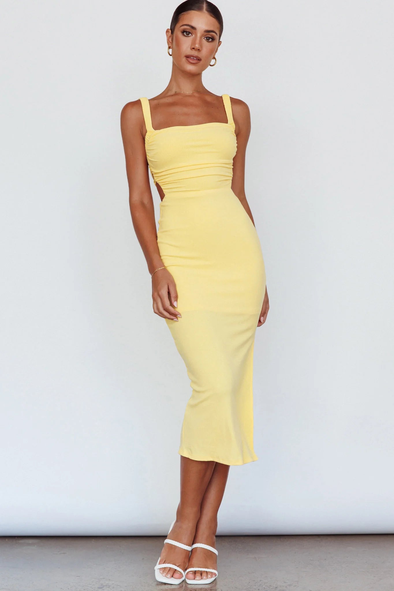 Dream Crush Lace-Up Back Side Split Midi Dress Yellow
