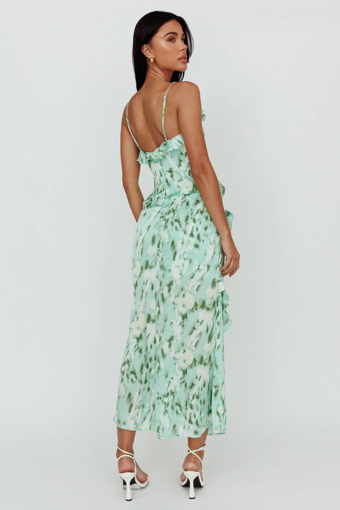 Silvana Frill Trim Midi Dress Print Green