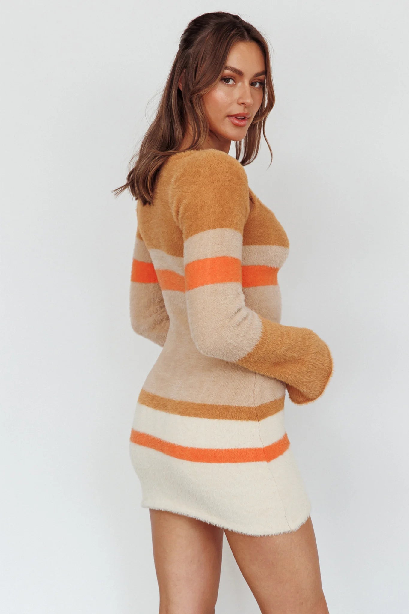 Count On It Fuzzy Knit Mini Dress Brown Multi