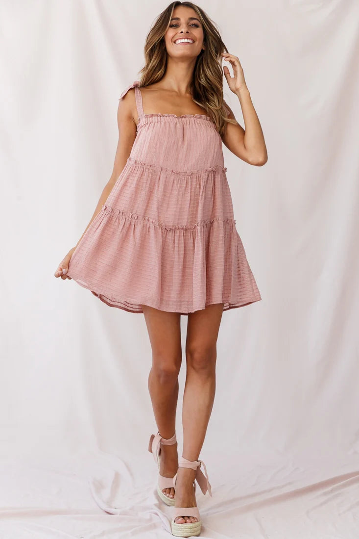 Dolly Layered Ruffle Tied Shoulder Strap Dress Rose