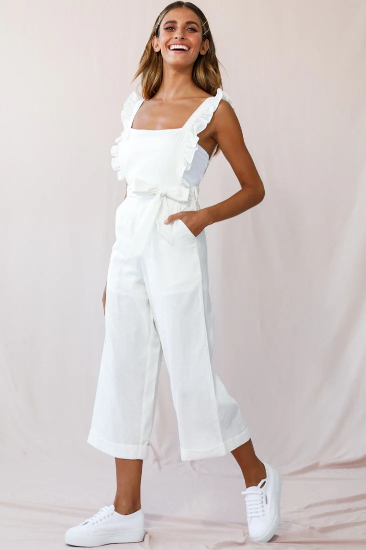 Serenade Ruffle Strap Pinafore Jumpsuit White