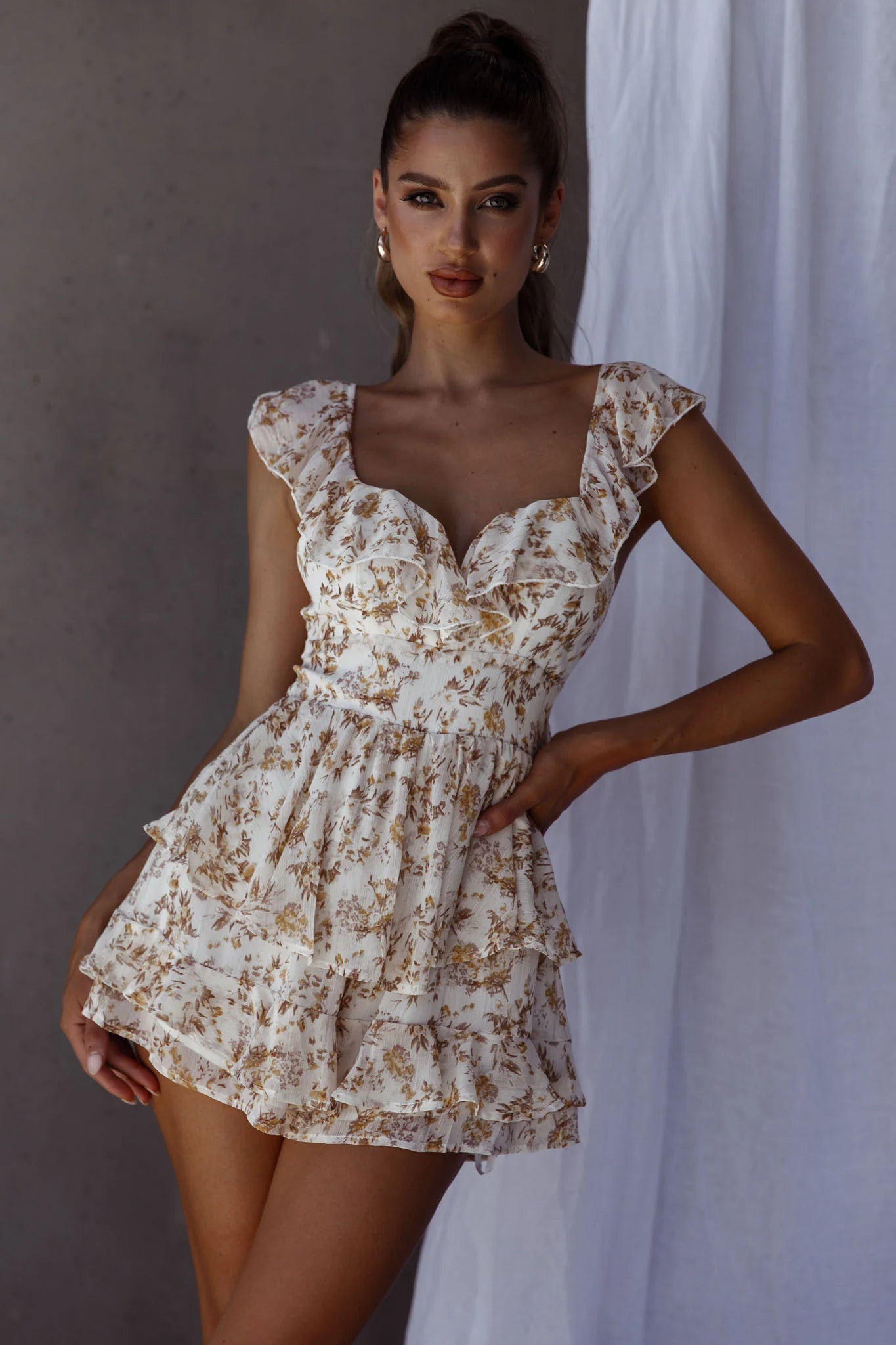 Revel Ruffle Trim Tied Back Romper Floral Yellow