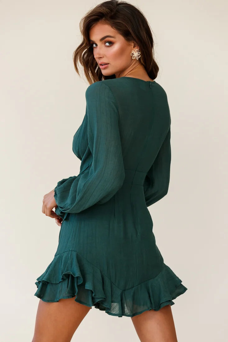 Maddox Long Sleeve Layered Ruffle Hem Dress Green